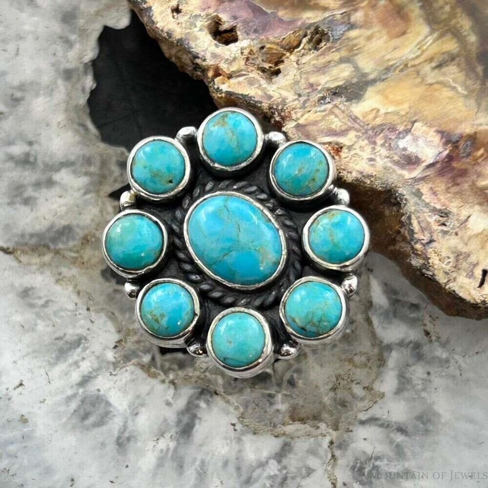 Sterling Southwestern Style Mohave Turquoise Cluster Ring Size 7.5 For Women
